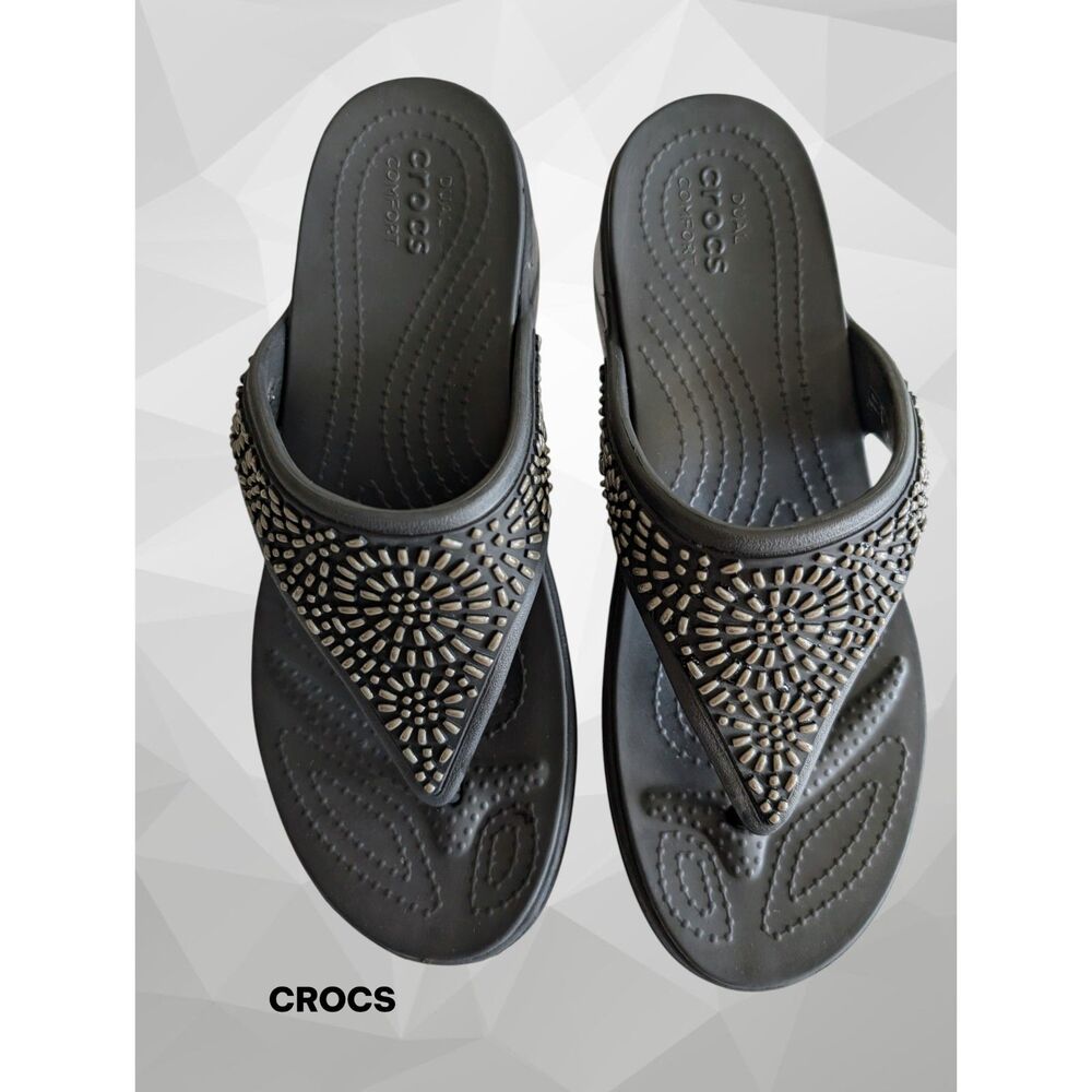 Crocs Monterey Diamante Wedge Flip Flops Black Studded Comfort Sandals